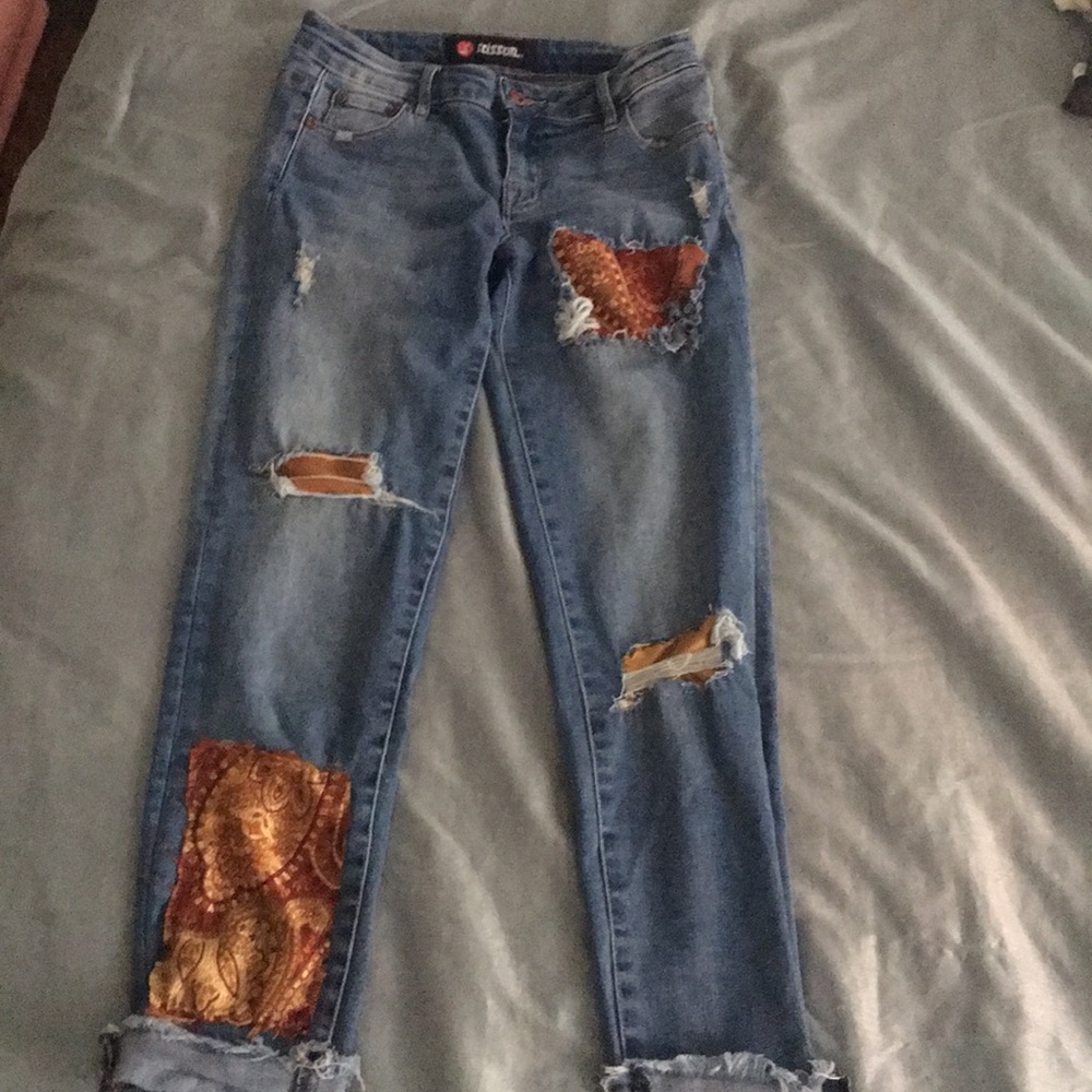One of a kind patched jeans size 12 juniors